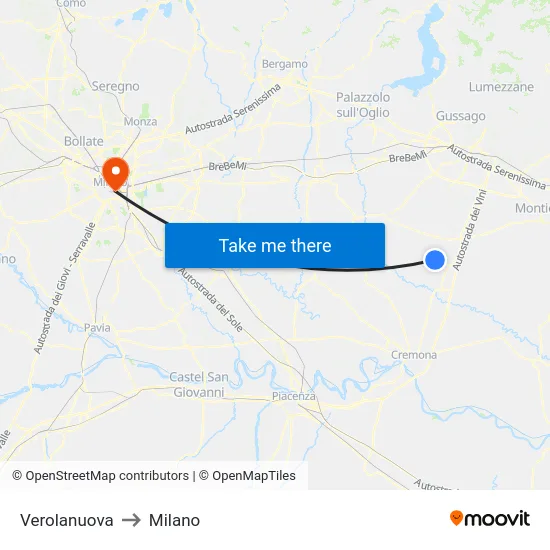 Verolanuova to Milano map