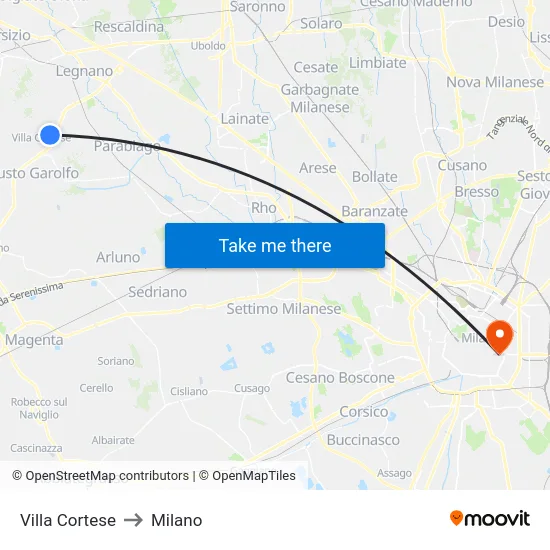 Villa Cortese to Milano map
