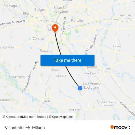 Villanterio to Milano map