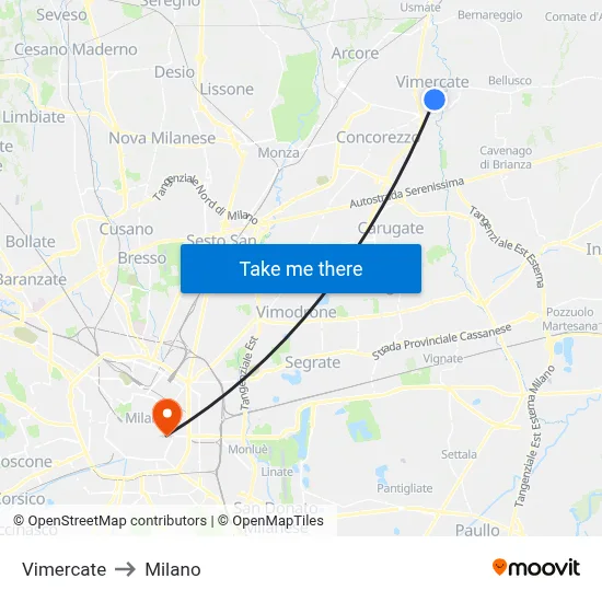Vimercate to Milano map