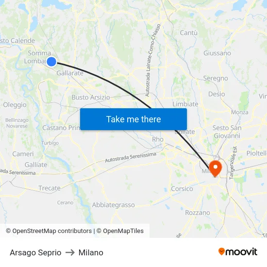 Arsago Seprio to Milano map