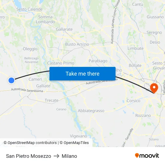 San Pietro Mosezzo to Milano map