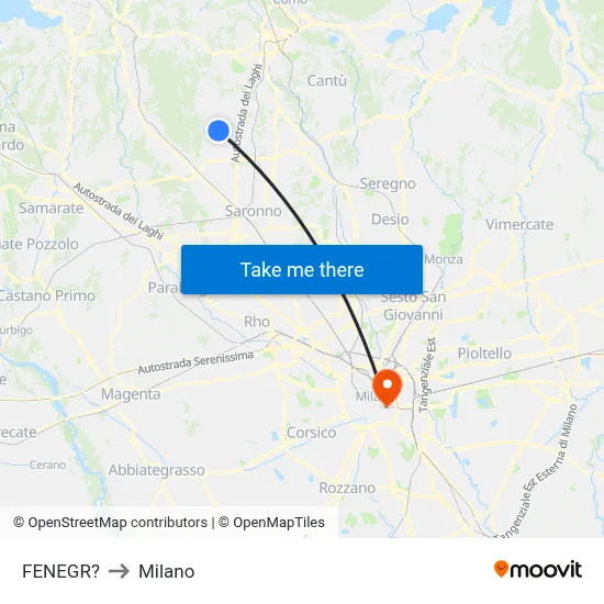 Fenegro to Milan map