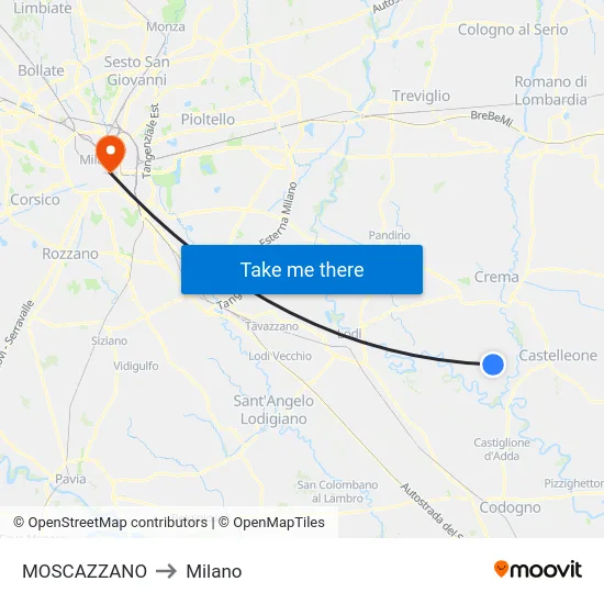 Moscazzano to Milan map