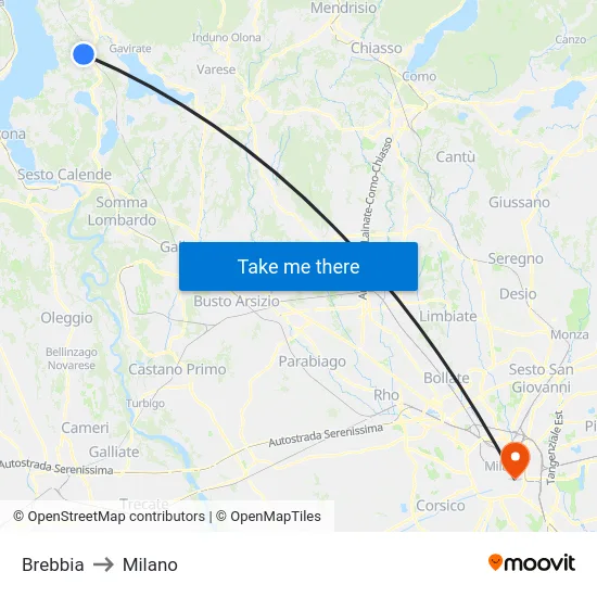 Brebbia to Milano map