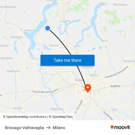 Brissago-Valtravaglia to Milan map