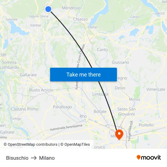 Bisuschio to Milano map