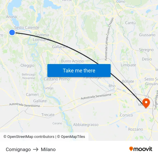 Comignago to Milan map