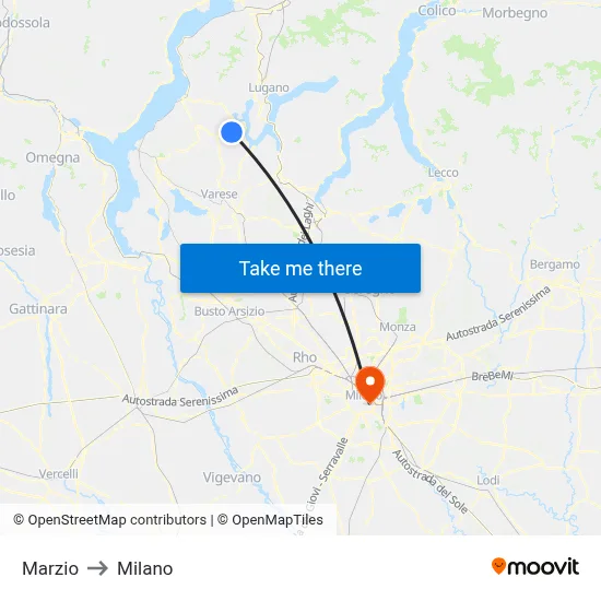 Marzio to Milan map