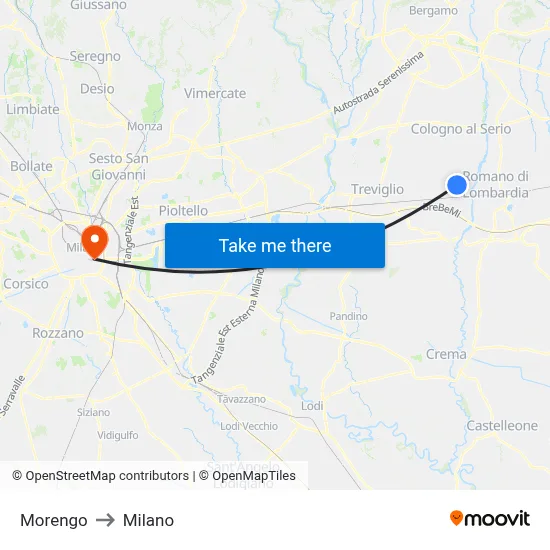 Morengo to Milano map