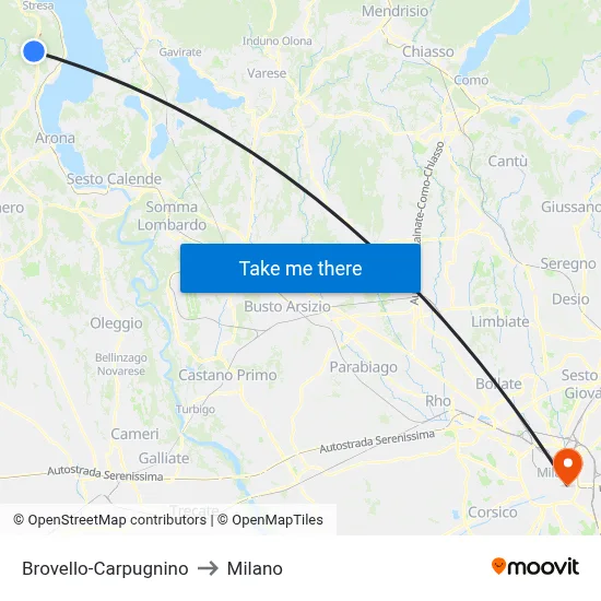 Brovello-Carpugnino to Milano map