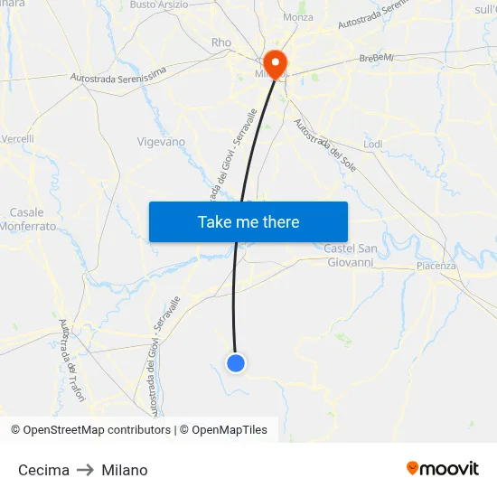 Cecima to Milan map
