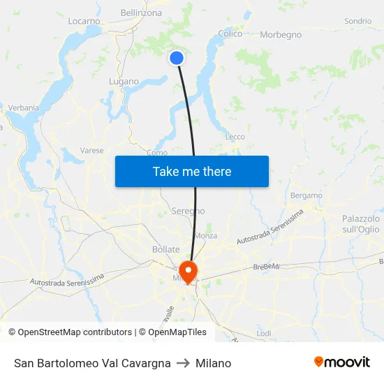 San Bartolomeo Val Cavargna to Milano map