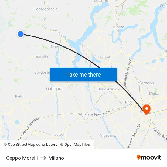 Ceppo Morelli to Milan map