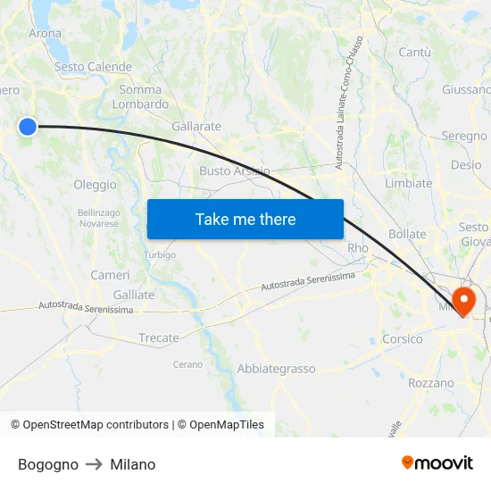 Bogogno to Milano map
