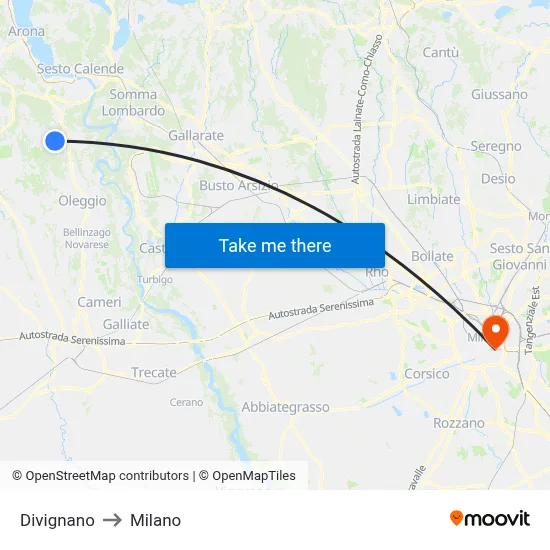 Divignano to Milano map