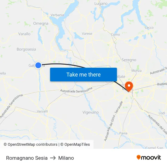 Romagnano Sesia to Milano map