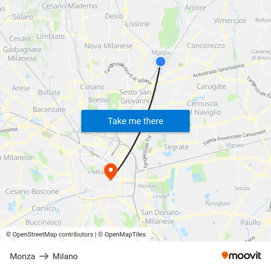 Monza to Milano map
