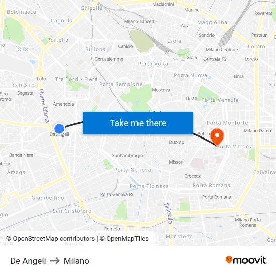 De Angeli to Milano map