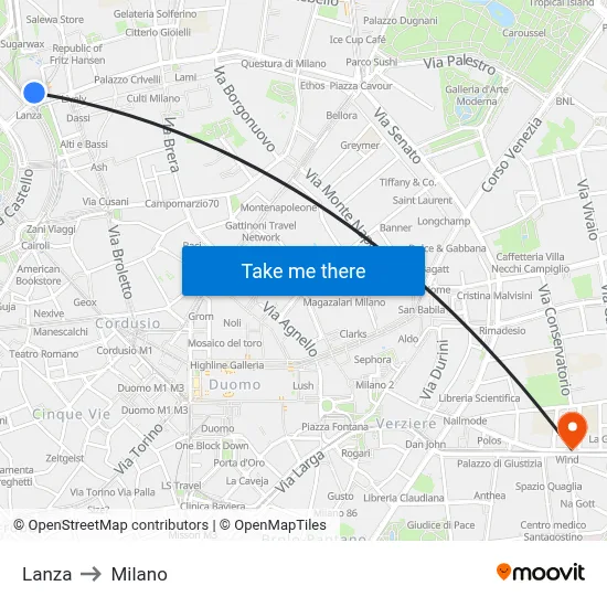 Lanza to Milano map