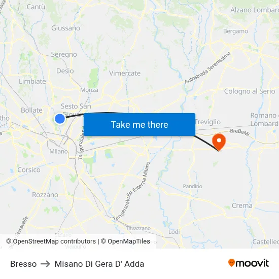Bresso to Misano di Gera d'Adda map