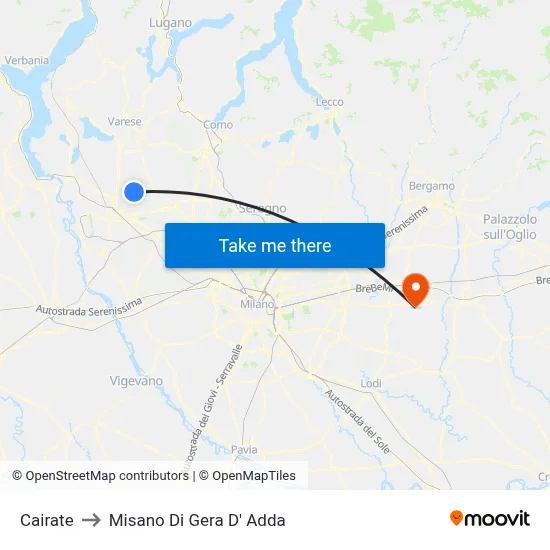 Cairate to Misano di Gera d'Adda map