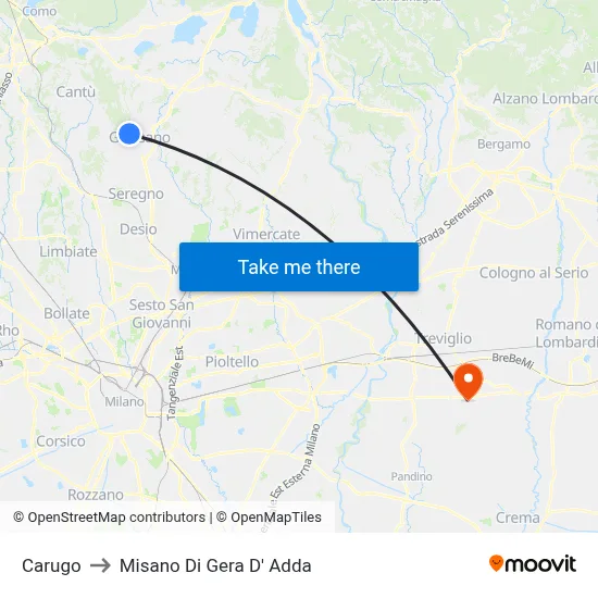 Carugo to Misano di Gera d'Adda map