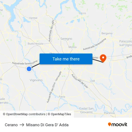 Cerano to Misano di Gera d'Adda map