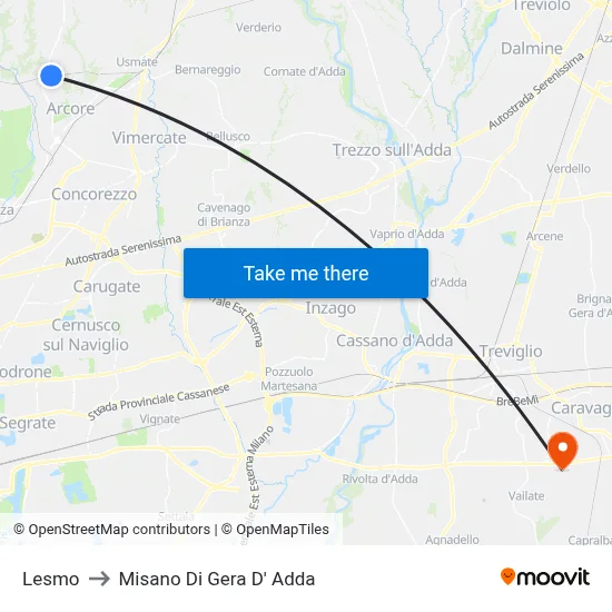 Lesmo to Misano di Gera d'Adda map