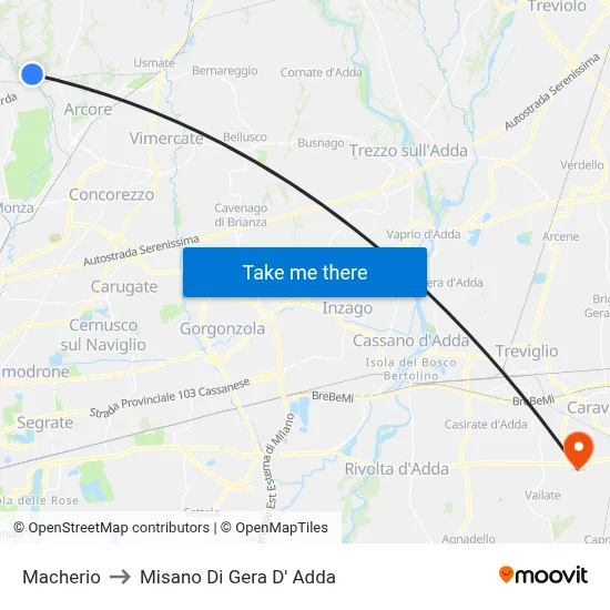 Macherio to Misano di Gera d'Adda map