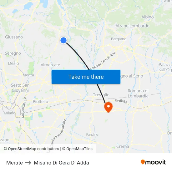 Merate to Misano di Gera d'Adda map