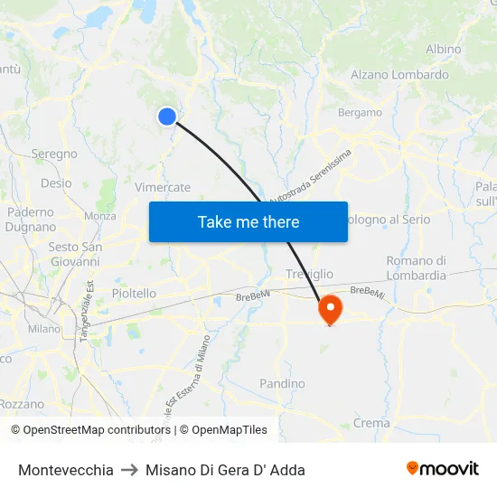 Montevecchia to Misano di Gera d'Adda map