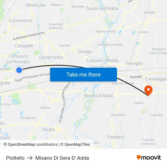 Pioltello to Misano di Gera d'Adda map