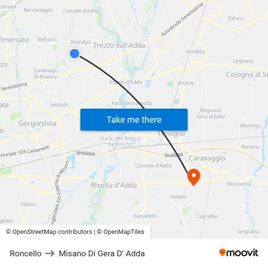 Roncello to Misano di Gera d'Adda map