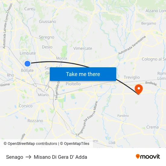 Senago to Misano di Gera d'Adda map