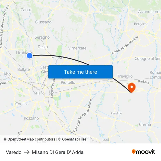 Varedo to Misano di Gera d'Adda map
