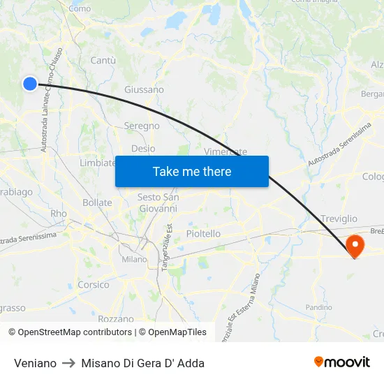 Veniano to Misano di Gera d'Adda map
