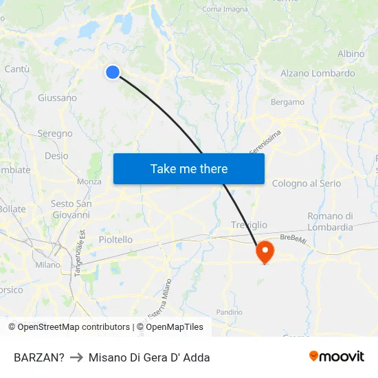 Barzan to Misano di Gera d'Adda map