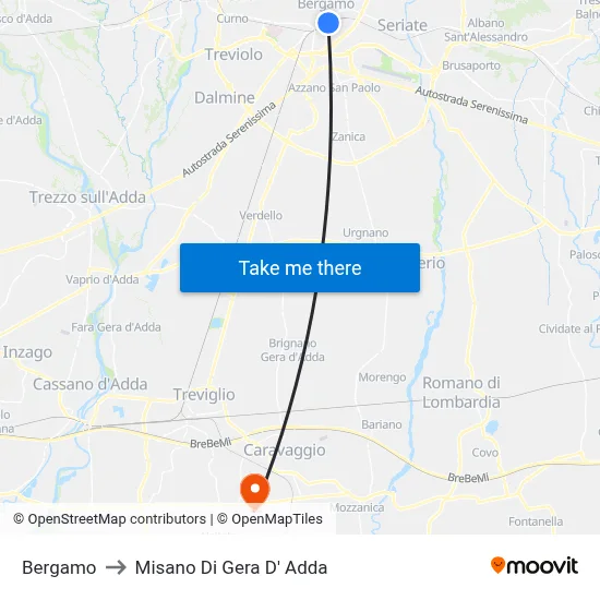 Bergamo to Misano di Gera d'Adda map
