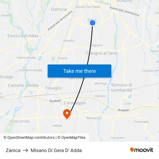 Zanica to Misano di Gera d'Adda map