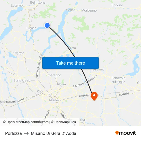 Porlezza to Misano di Gera d'Adda map