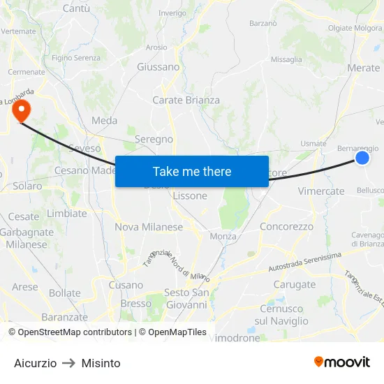 Aicurzio to Misinto map