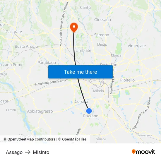 Assago to Misinto map