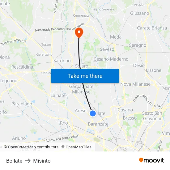 Bollate to Misinto map