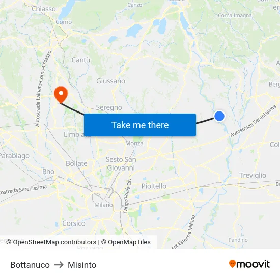 Bottanuco to Misinto map