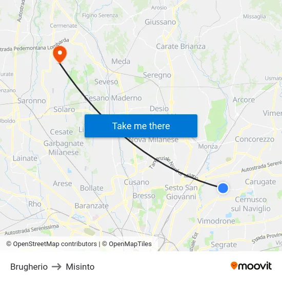 Brugherio to Misinto map