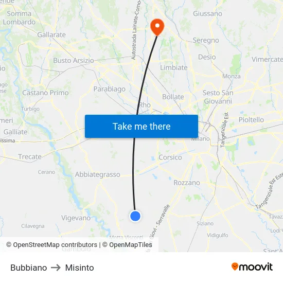 Bubbiano to Misinto map