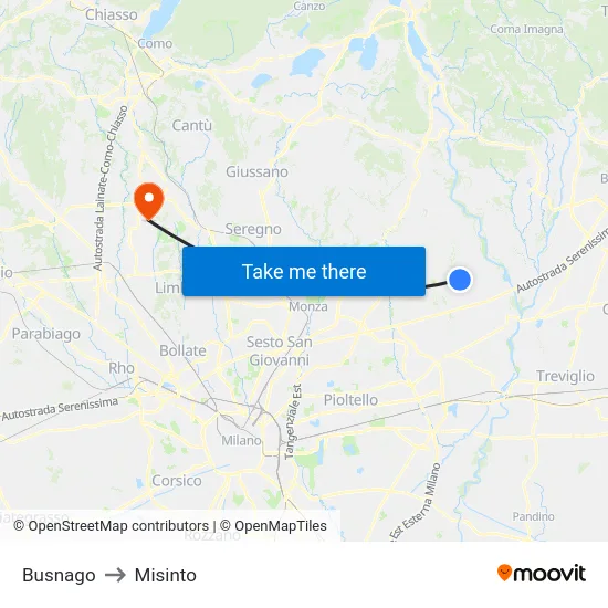 Busnago to Misinto map