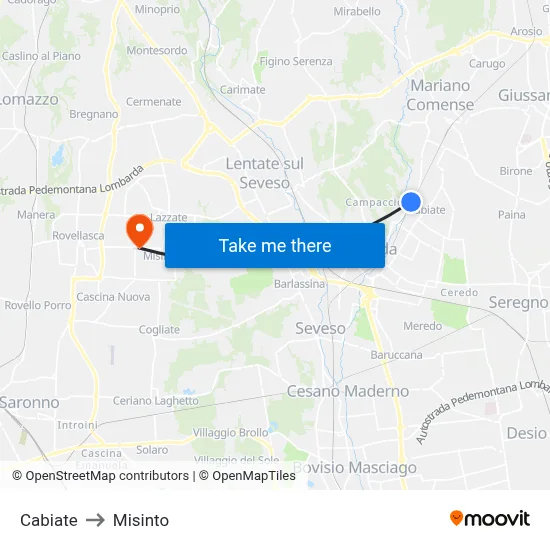 Cabiate to Misinto map