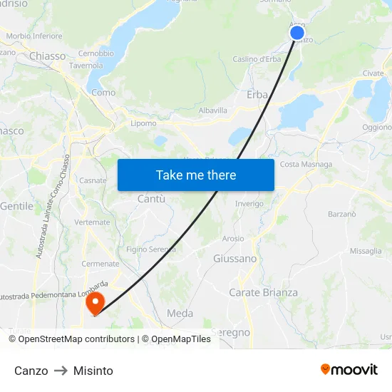 Canzo to Misinto map